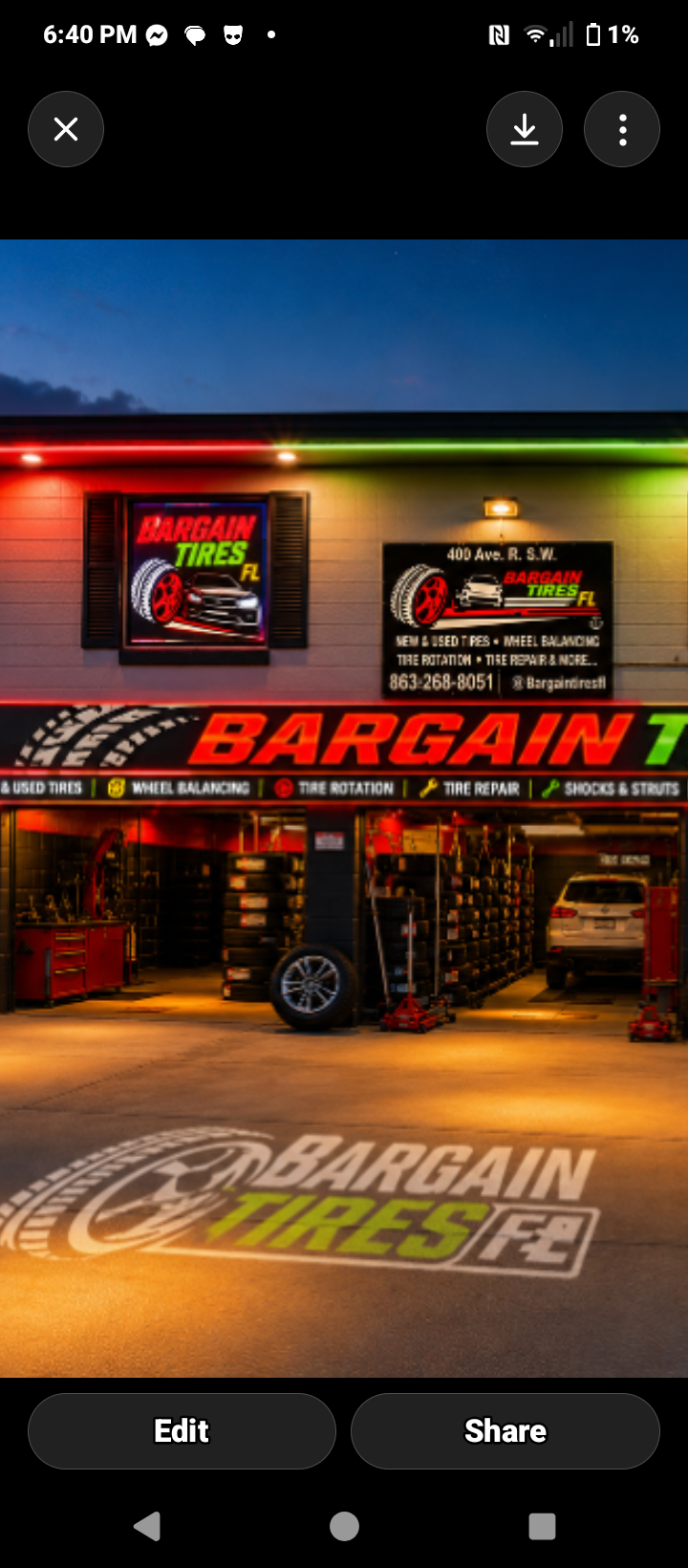 Bargain Tires FL storefront at night with red and green neon lights